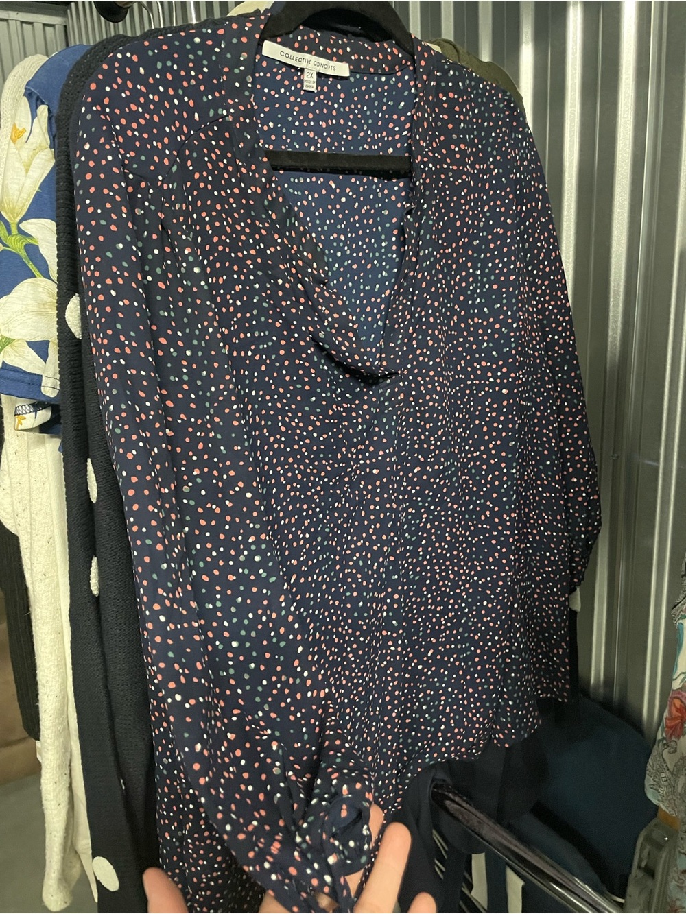 Collective Concepts Navy Blouse with Coral and Mint Dot Print. Stitch Fix.